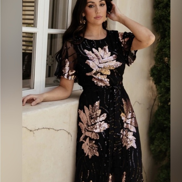 Baltic Born Dresses & Skirts - Baltic Born Muse Sequin Maxi Dress Black Rose Gold Flutter Sleeve Size 4